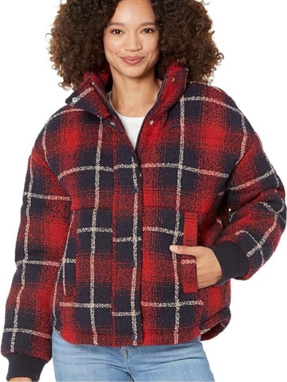 Levi's cinch waist hooded plaid wool puffer jacket in red and blue size Small